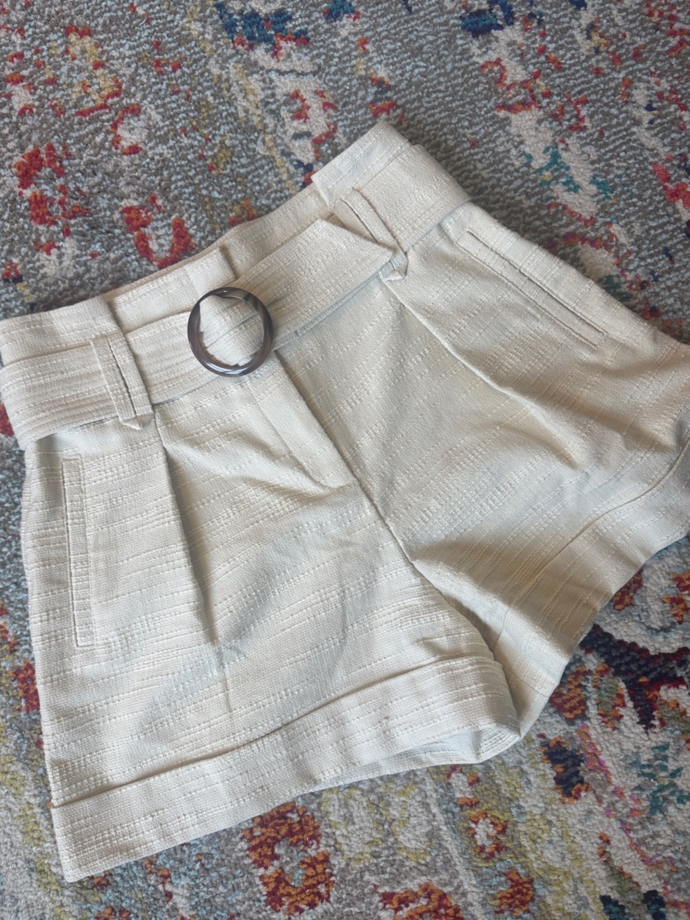 Sezane Cream Textured High-Waist Belted Shorts